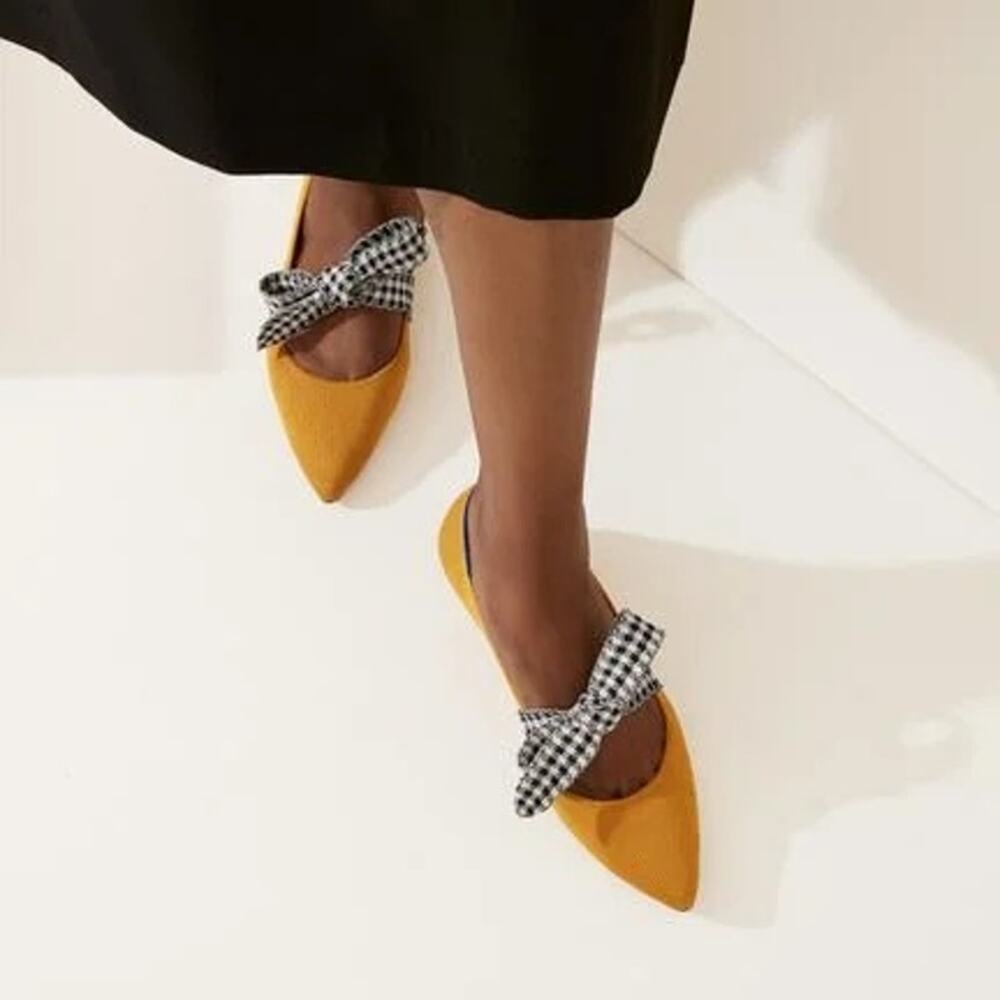 Rothy’s Mary Jane Flats Golden Gingham with Bow Size 5.5 Retro Preppy